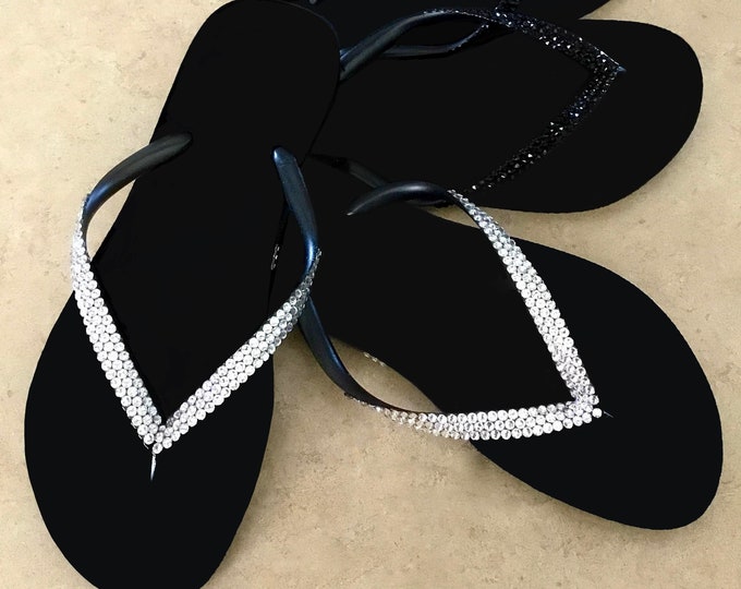 Crystal Flip Flops Black Slim flat Brazil Bling sandal Glass Slippers Handmade Custom Jewel Summer Beach Thong Rhinestone Bride Wedding Shoe