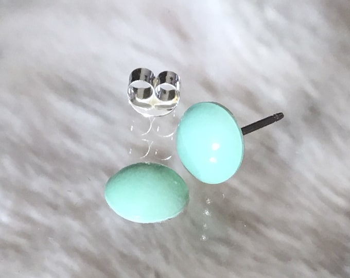 Mint Green Pearl earrings stud Jade Rhinestone Crystal half dome 7mm Silver tone Hypo Titanium Bridal Wedding Jewelry Bridesmaid Gift