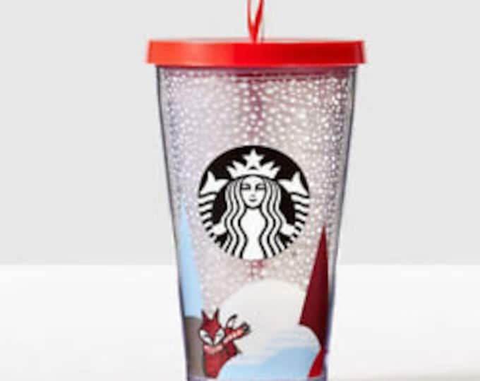 Grande Starbucks Cold Drink Cup Smoothie Red Fox Snow Collector mug Custom w/ Swarovski Crystal 16 Acrylic Travel Tumbler Snowflake Gift