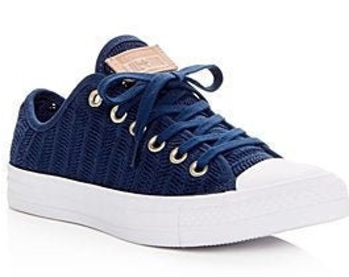 Navy Blue Converse W US 8 Low Top Gold Crochet Lace Knit Herringbone Chuck Taylor Bride w/ Swarovski Crystal All Star Wedding Sneakers Shoes