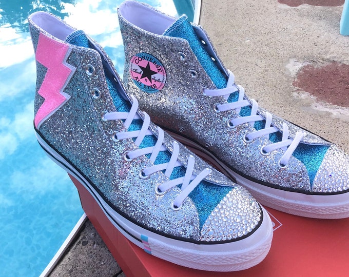 Converse Gay Trans Pride 70s LGBTQ Rainbow Pink Silver High Top Glitter Lightning  Chuck Taylor w/ Swarovski Crystal All Star Sneakers Shoes