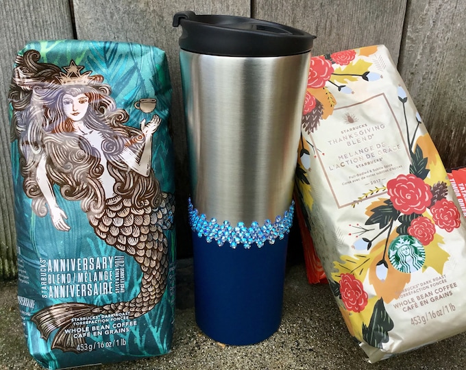 Navy Blue Starbucks Cup To Go Stainless Steel Swag w/ Swarovski Lt Sapphire Shimmer Crystal 20oz Vente Travel Coffee Tea Mug Rhinestone Gift