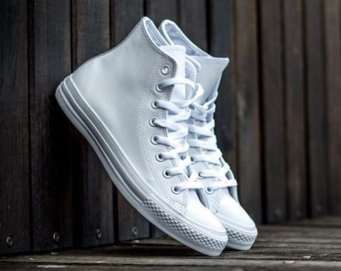 White Leather Converse High Top Monochrome Custom w/ Swarovski Crystal Jewels Chuck Taylor All Star Mens Groom Bridal Wedding Sneakers Shoes