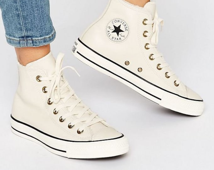 White Fur Lined Converse Leather High Top Boot Ivory Brass W US 8 w/ Swarovski Crystal Bling Chuck Taylor All Star Wedding Sneakers Shoes