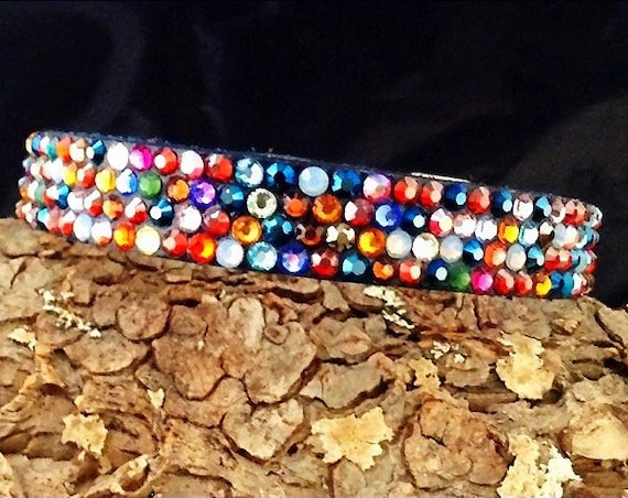 Rainbow Leather Pet Collar Custom Crystal Rhinestone Jewelry w/ Swarovski Jewels dog cat Costume Bling gift Sizes 8-21" Personalized