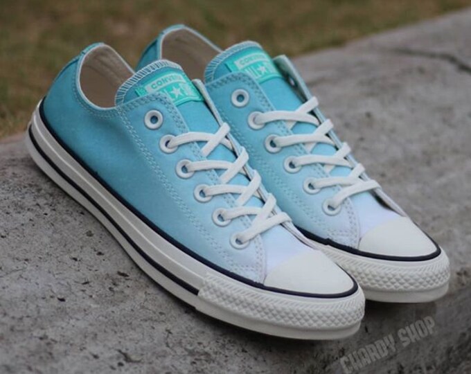 Teal Blue Converse Low Ombre wash Turquoise Aqua Canvas w/ Swarovski Crystal Chuck Taylor Rhinestone All Star Wedding Sneakers Bridal Shoe