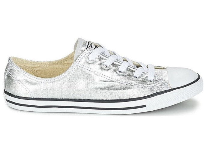 Silver Converse Dainty Metallic Gray Custom Bridal Slip ons Wedding Reception Flat w/ Swarovski Crystal Chuck Taylor All Star Sneakers Shoes