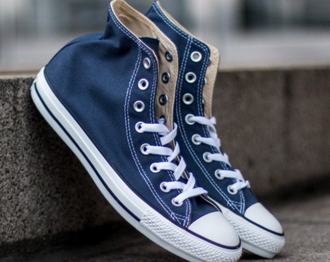 Navy Blue Converse High Top Mens Ladies Bridal Kicks w/ Swarovski Crystal Rhinestone Bling Wedding Groom Chuck Taylor All Star Sneakers Shoe