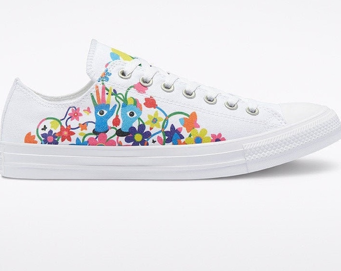 Converse Pride 2021 White Low Top LGBTQ Gay Rainbow Parade Collector Mens Chucks Custom w/ Swarovski Crystal Bling All Star Sneakers Shoes