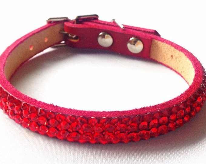 Red Leather Collar 8-10” Custom Super Bling Pet Jewelry Cherry Exclusive 3D Iced w/Swarovski Crystal Rhinestones Dog Cat Breakaway Safety