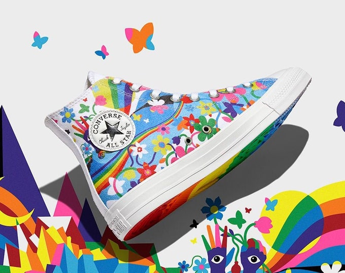 Converse Pride 2021 White High Top LGBTQ Gay Rainbow Collector Mens Chucks Custom w/ Swarovski Crystal Bling All Star Sneakers Shoes