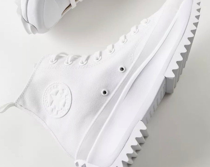 Converse Run Star Hike Mono White Boot Platform Wedge High Club Kicks w/ Swarovski Crystal Rhinestone Chucks All Star Wedding Sneakers Shoes