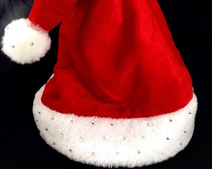 Cosplay Santa Hat red white fur velvet Glass Slippers w/ Swarovski Crystal Costume Cap Christmas Holiday Office Party Rhinestone Bling Gift