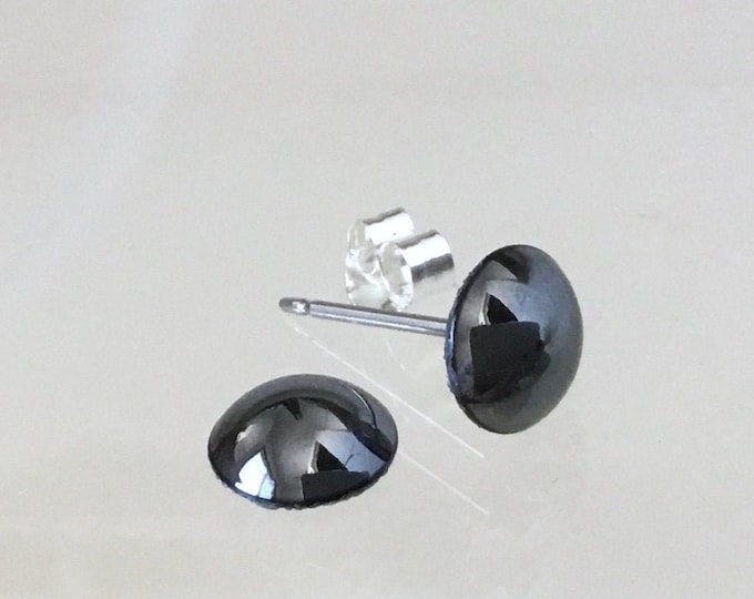 Dark Gray Pearl stud earrings Silver Black Hematite piercing Rhinestone Crystal half dome 7mm Hypo Titanium Stainless Wedding Bride Jewelry