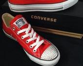 Red Converse Low Top Classic Cherry Canvas Custom Kicks w Swarovski Crystal Rhinestone Jewels Chuck Taylor All Star Wedding Sneakers Shoes