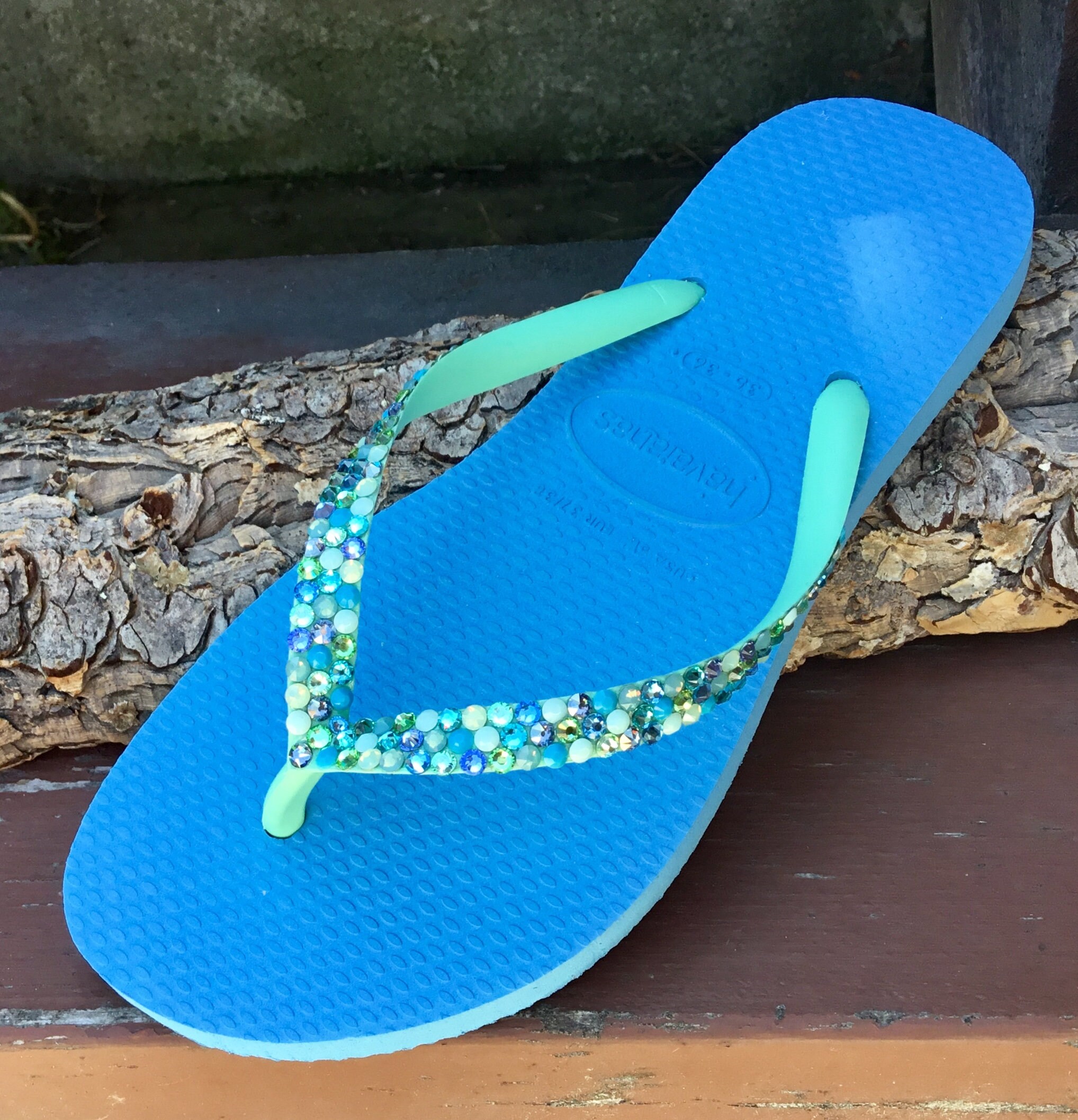 flip flops with turquoise stones