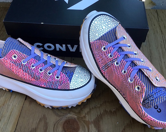 Converse Run Star Hike Low Knit Mashup Pink Color Platform Wedge Club Kicks w/ Swarovski Crystal Rhinestone Chucks All Star Sneakers Shoes