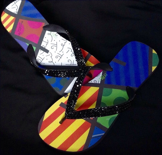 Custom Flip Flops Dupė Collector Romero Britto Artistic Multi Colored Black Sandals Brazil w/ Swarovski Crystal GlassSlippers Thong Shoes