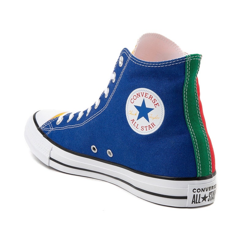 red yellow and blue converse