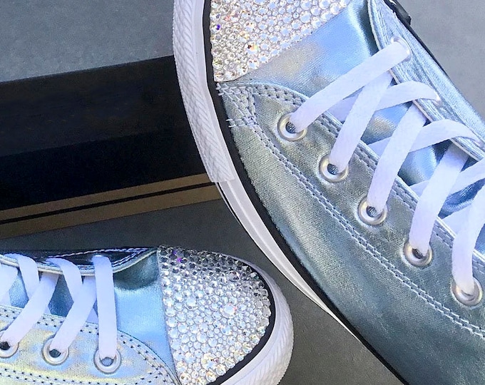 Aqua Ice Blue Chucks High Top Metallic Cons Custom Handmade Crystal Toe Rhinestone Jewel Prom Day Wedding Kicks Sneakers Bling Bride shoes