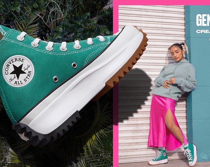 Converse Run Star Hike W US8 Green Teal Turquoise Boots Platform High Club Kicks w/ Swarovski Crystal Jewel Bling Chuck Taylor Sneakers Shoe