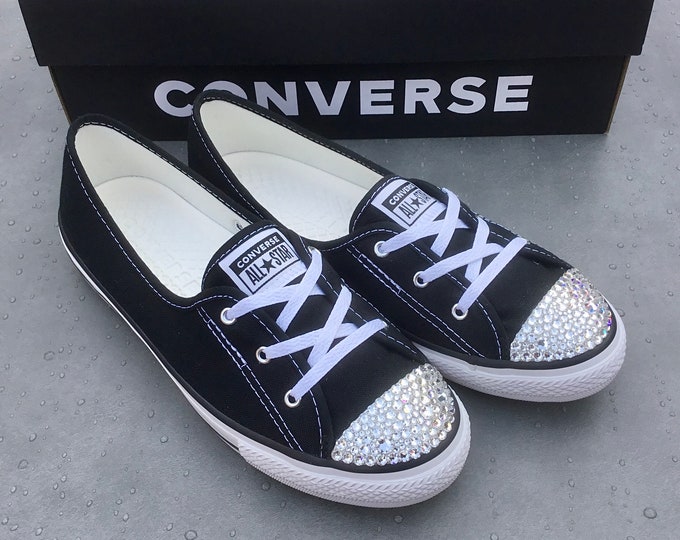 Black Converse Ballet Canvas Low Top Slip On Lace Bride Bridal w/ Swarovski Crystal Chuck Taylor Rhinestones All Star Wedding Sneakers Shoes