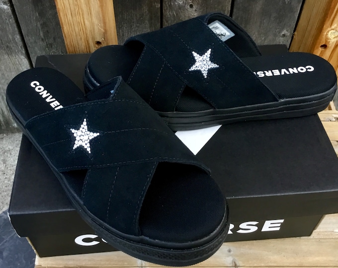 Black Converse One Star slip on Slide Beach Flip Flops Slippers Custom Crystal w/ Swarovski Jewels Wedding Vacation Reception Summer Shoes