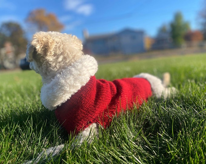 Dog Sweater Holiday Christmas Santa Claus Elf Costume Cat Coat Hand Knit Winter Jacket Fluffy Lux Faux Fur Red White Green Warm Pet Gifts