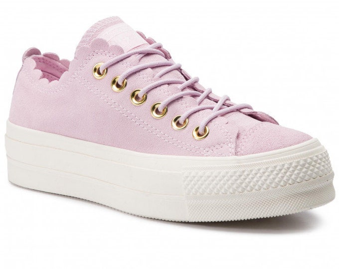 Pink Converse 1.5” Platform Ruffle Gold Frill Suede Leather Lift Low Kicks w/ Swarovski Crystal Chuck Taylor All Star Wedding Sneakers Shoes