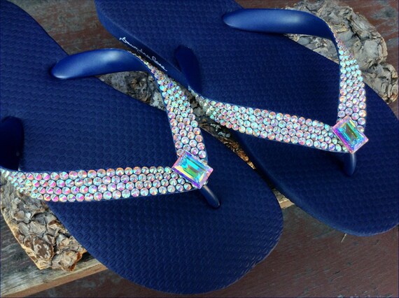 navy blue rhinestone flip flops