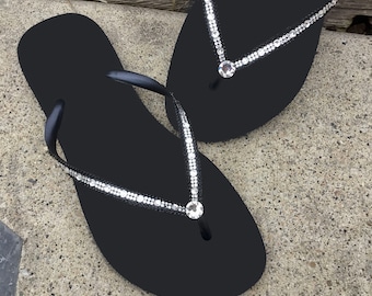 Crystal Flip Flops: Black Slim Handmade Rhinestone Sandals