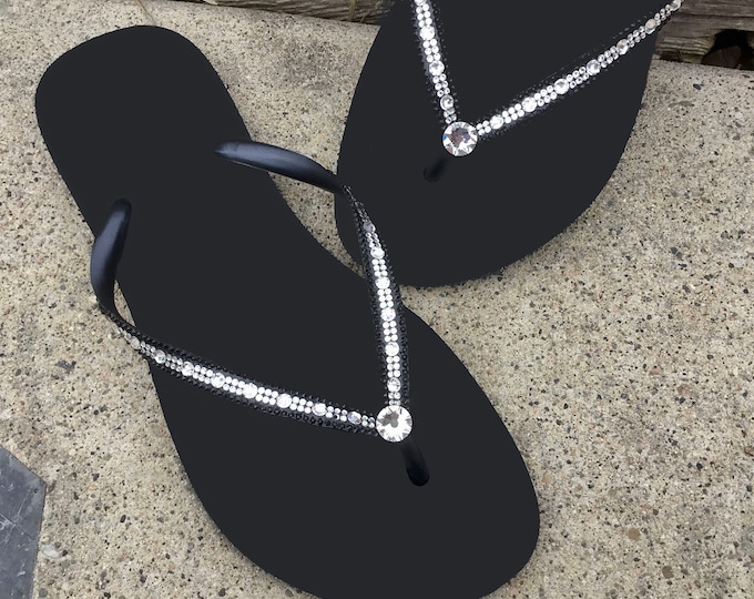 Crystal Flip Flops Black Slim flat Brazil Bling sandals Glass Slippers Full Moon Handmade Custom Jewelry Beach Thong Rhinestone Wedding Shoe