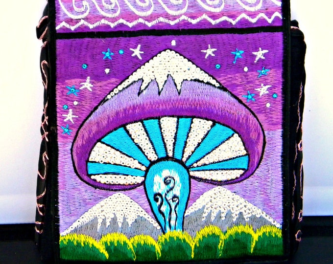 Purple Purse Hippie Hobo Bag Custom psychedelic Mushroom w/ Swarovski Crystal Bling Nepal Cross Body Messenger Pink Green Blue Brown gift