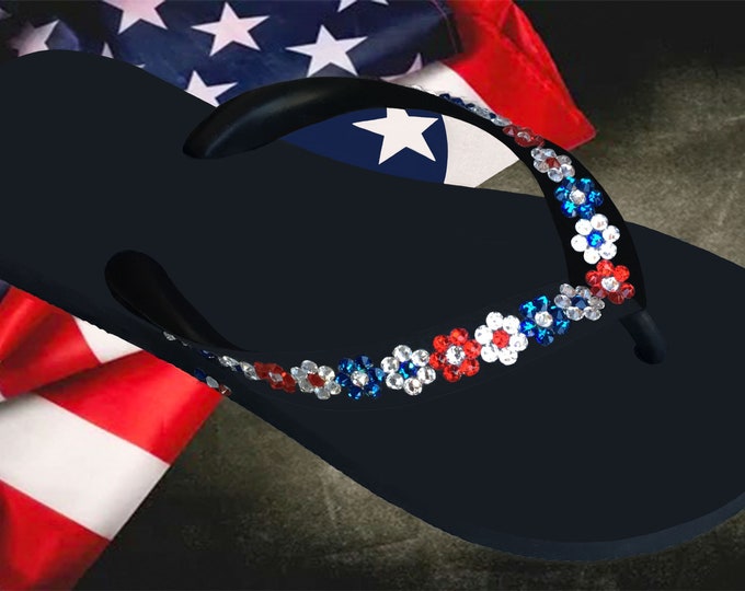 Red White Blue Crystal Flip Flops USA Pride Flower wide strap flat Brazil Bling sandals Glass Slippers Handmade Jewelry Rhinestone Shoes