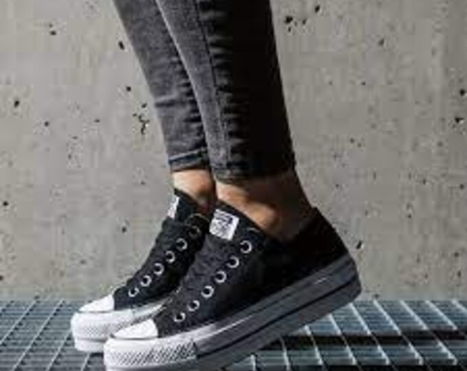 Platform Converse wedge Black Canvas Low Club Custom w/ Swarovski Crystal Rhinestone Chuck Taylor All Star Wedding Bridal Sneakers Shoes