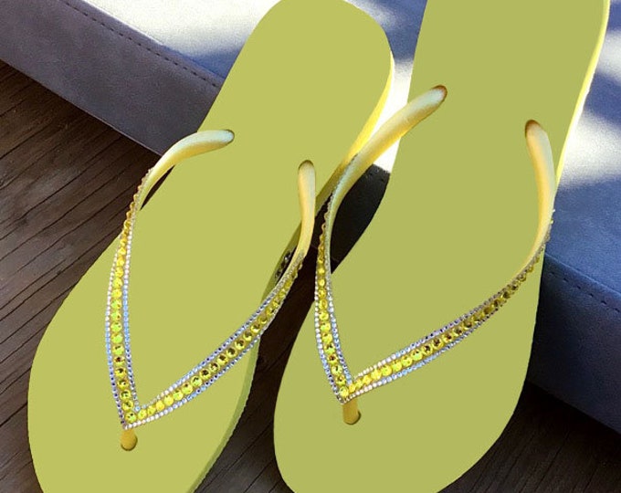 Yellow Flip Flops Custom Slim flat Brazil Crystal Bling sandals Glass Slippers Sophisticate Handmade Jewelry Thongs Rhinestone Wedding Shoes