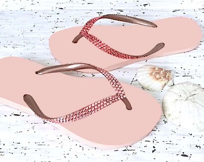 Crystal Flip Flops Blush Wedding Pink Slim narrow flat Brazil Bling Coral sandal Glass Slippers Handmade Custom Jewel Peach Rhinestone Shoes