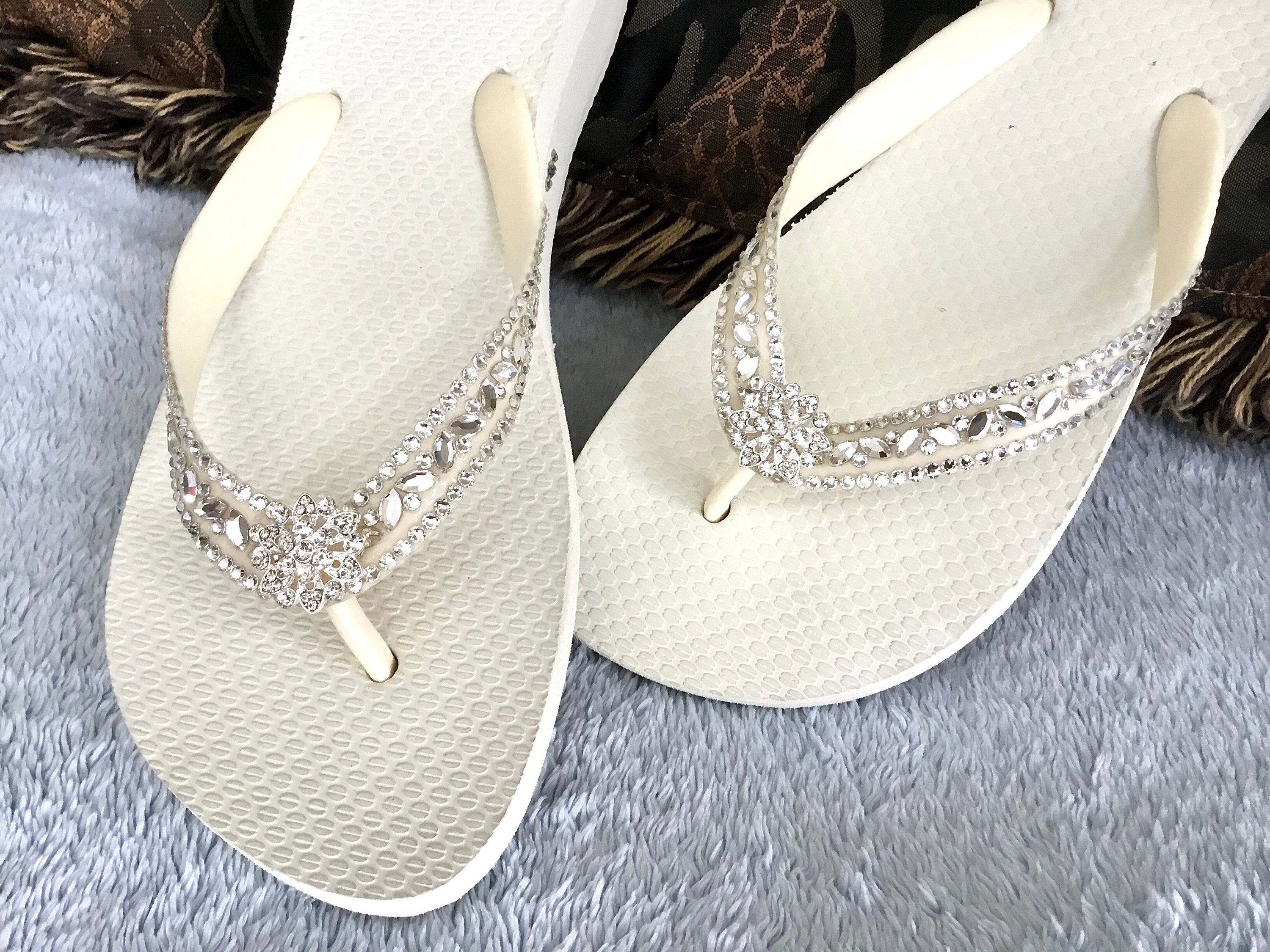 white bling wedding flip flops