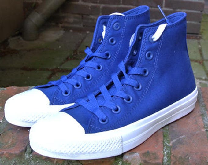 Blue Converse High Tops Mens Chuck Taylor II Navy Marine Ocean Sea Canvas w/ Swarovski Crystals Rhinestones All Star Wedding Sneakers Shoes