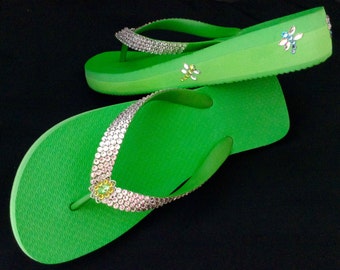 Dragonfly Flip flops Custom Green sandals Crystal Good Luck garden w/ Swarovski Rhinestones Jewels 1.5 Wedge Heels Thong Beach Bling Shoes