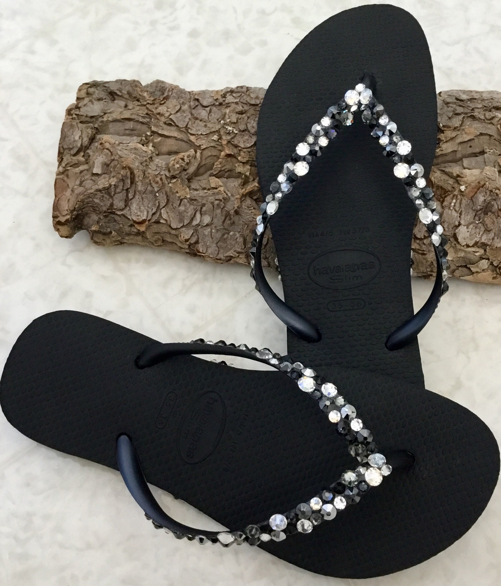 Black Flip Flops Silver Gray Crystal Havaianas Slim Beach | Etsy