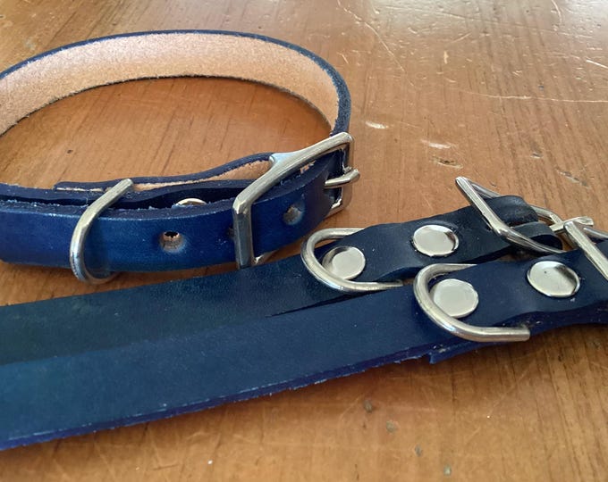Hand Crafted Leather Pet Collar Dark Navy Blue Dog Cat 10 - 11.5 x 1/2" leash attachment adjustable