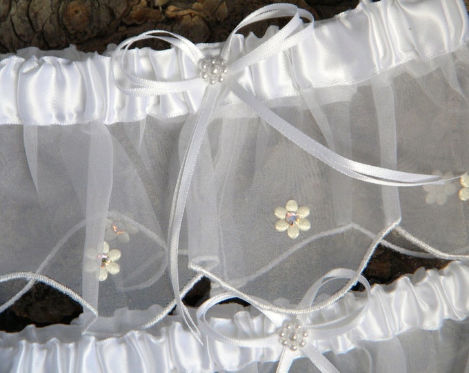 Custom Rhinestone Bride Wedding Garter Belt Silk Daisy White or Ivory Bridal Toss w/ Swarovski Crystal Jewels Traditional Shower Gift Set