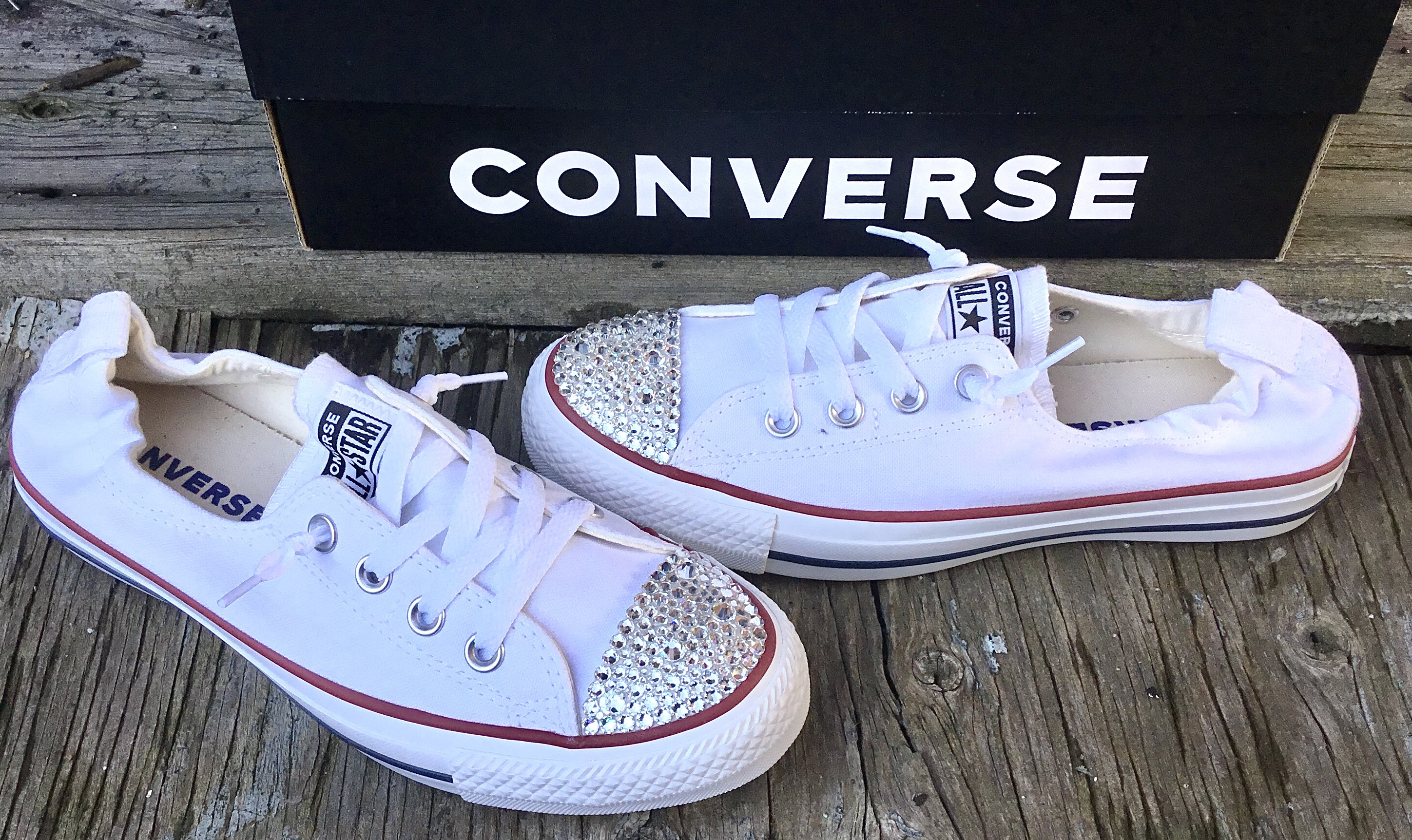 White Converse Shoreline Slip on Ladies Custom Kicks w Swarovski
