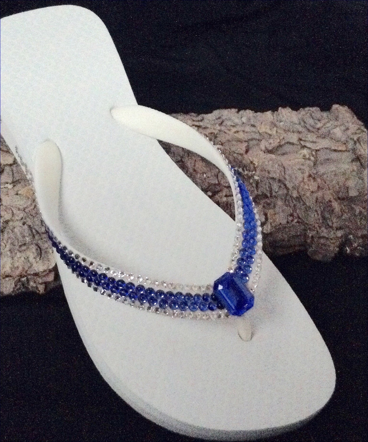 navy blue flip flops with bling
