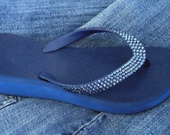 Navy Crystal Flip Flops: Denim Blue Rhinestone Platform Wedge Sandals