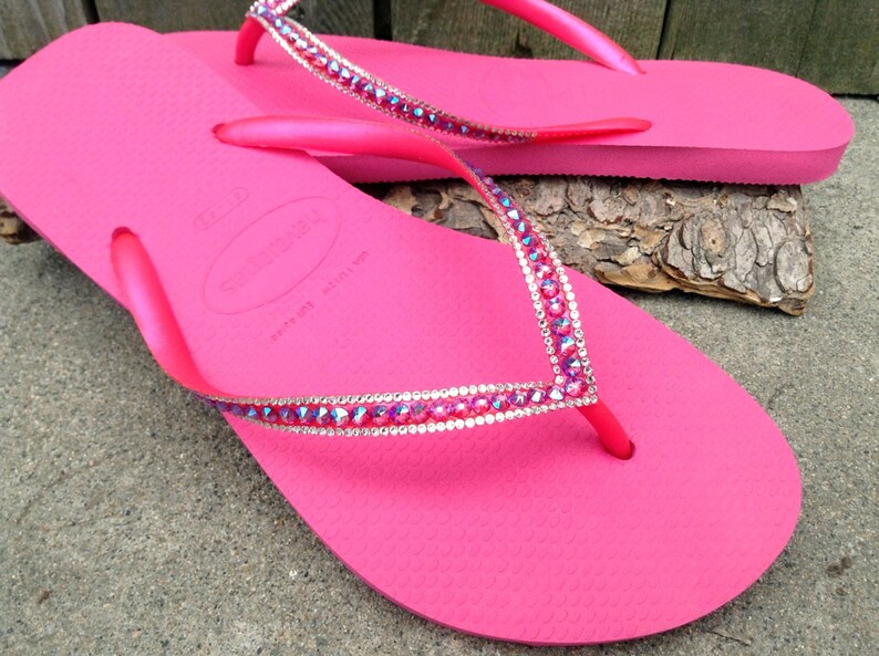 Fuchsia Hot Pink Crystal Flip Flops Havaianas Slim Shimmer | Etsy