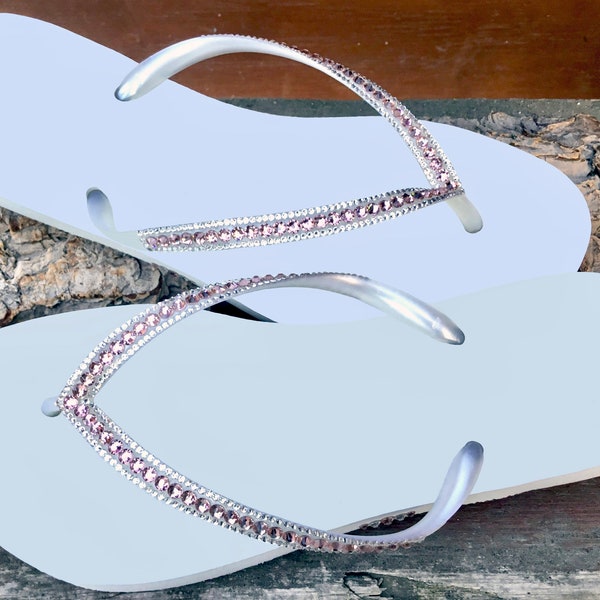 Crystal Flip Flops Rose Blush Pink White Slim flat Brazil Bling sandals Glass Slippers Handmade Jewel Thong Rhinestone Beach Wedding Shoes