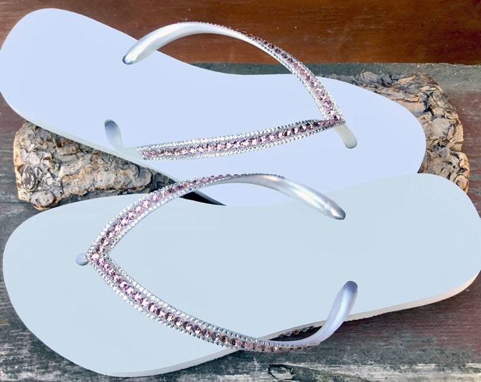 Crystal Flip Flops Rose Blush Pink White Slim flat Brazil Bling sandals Glass Slippers Handmade Jewel Thong Rhinestone Beach Wedding Shoes