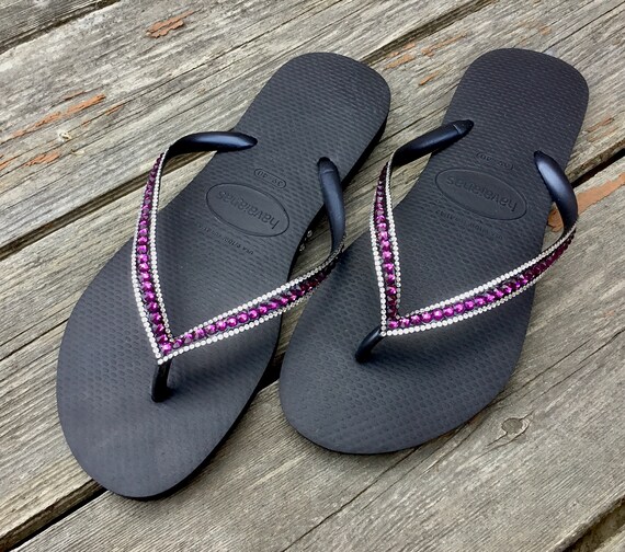 Slim Flip Flops Havaianas Flat Amethyst Purple Black White w/ Swarovski Crystal Sophisticate Wedding Sandals Jewels Bling Beach Bridal Shoes